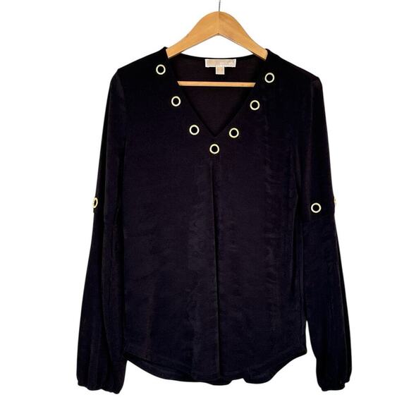 MICHAEL Michael Kors Women's Long Sleeve V-Neck Top Size S Black Gold Accents - Picture 1 of 7